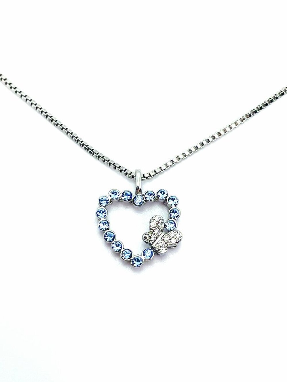 Dainty Open Heart Butterfly Necklace, Blue Sapphire Austrian Crystals, 18"